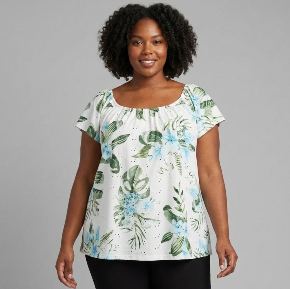 Iyla Flowy Peasant Blouse, White & Blue/Green Tropical Floral Print,Plus Size 2X